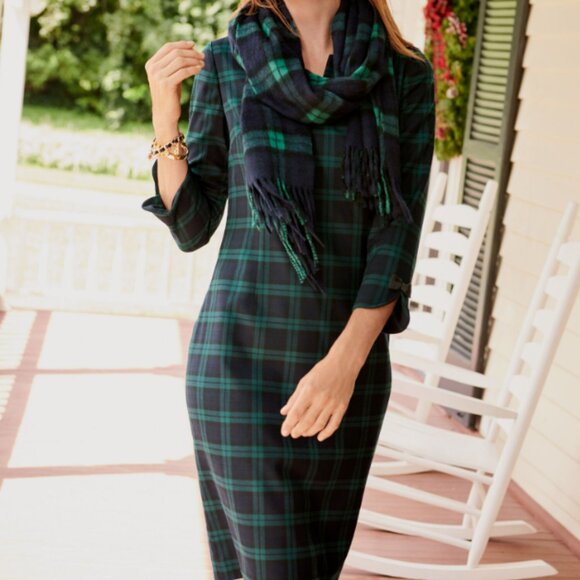 NWT! Talbots Green Navy Plaid Three-Quarter Sleeve Shift Dress Size 14 Petite - Picture 1 of 9